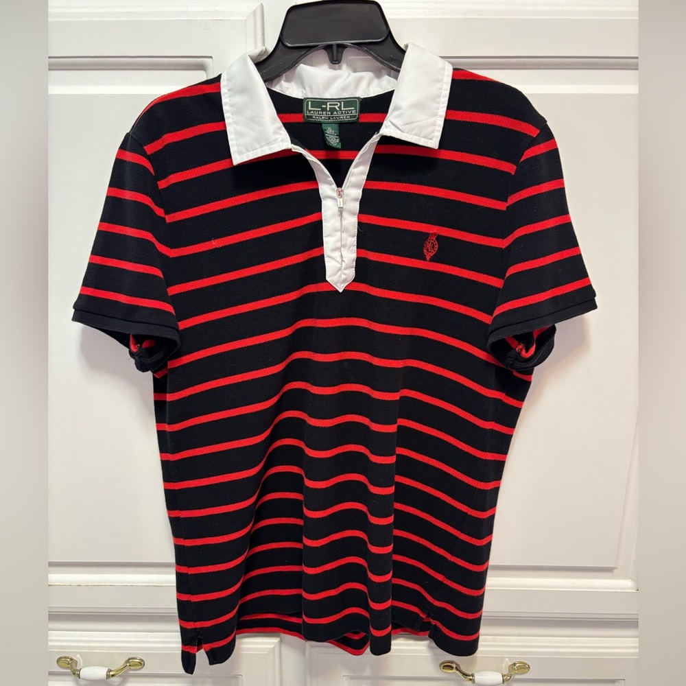 Lauren Ralph Lauren Black Red Stripe Polo Short Sleeve Women’s Size XL